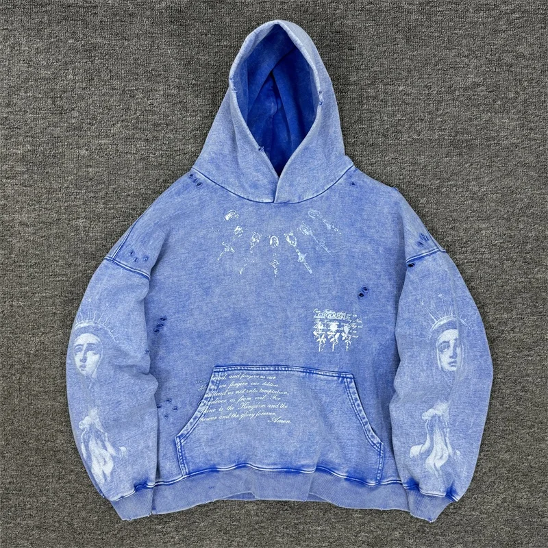 

Oversized Saint Michael Vintage Hoodies Men Women Best Quality Washed Blue Portrait Pullovers