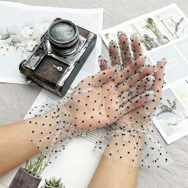 1-4Pairs Transparentes Dot Print Black White Mesh Tulle GloveSpring Summer Thin Short Glove Club Prom Party Dancing Dress Glove
