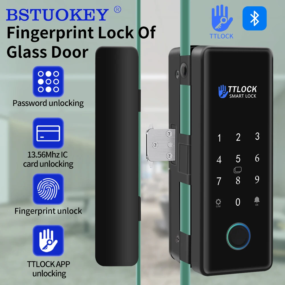 Digit Fingerprint Glass Door Lock Remote Control Bluetooth TTLock App Passcode Rfid Card Keyless Smart Lock and WIFI G2 Gateway