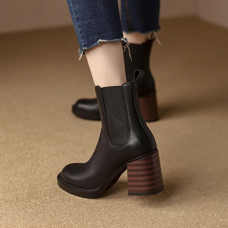 2022 New Fashion Women Shoes Round Toe High Heel Shoes for Women Black Leather Boots Women Elastic Band Boots Winter Women Boots