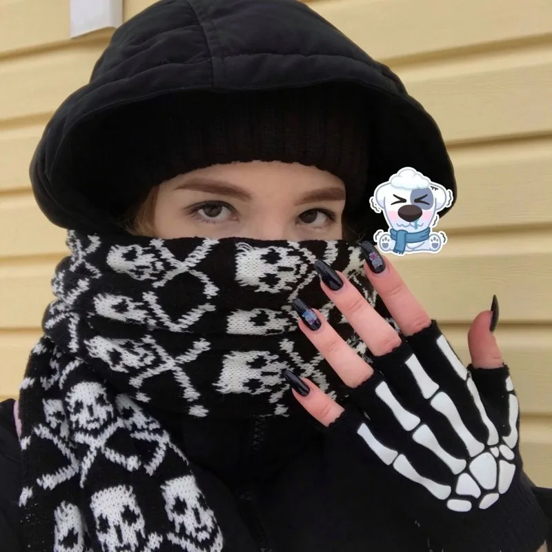 Fashion Skull Knitted Women Men Winter Scarf Skeleton Scarves Party Wraps with Black Fringe Luminous Skull Gloves