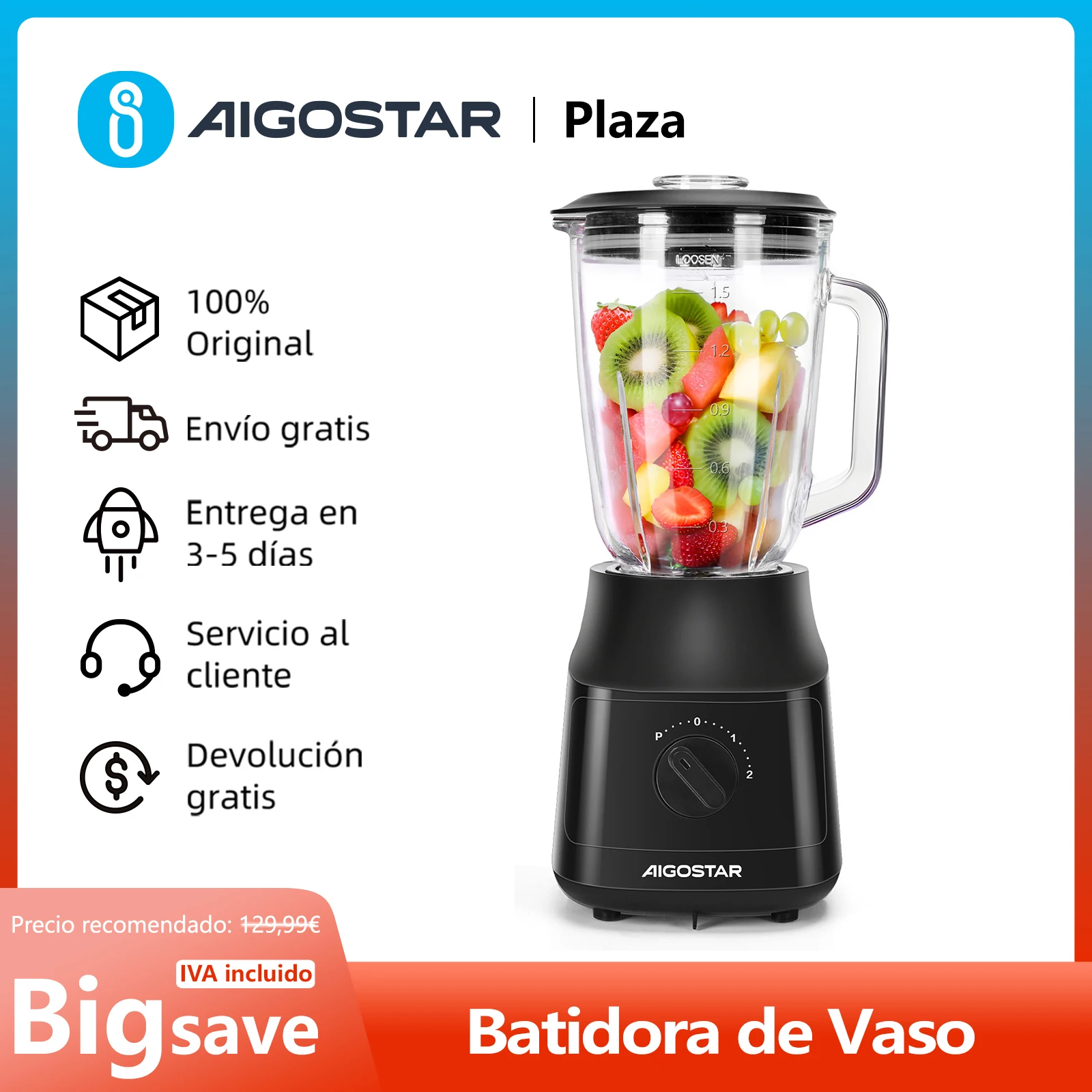 Batidora de Vaso de 600W, 1,5L, 4 Cuchillas con Recubrimiento de Titanio, 2 Velocidades y Pulse, Pica Hielo, Función AutoClean