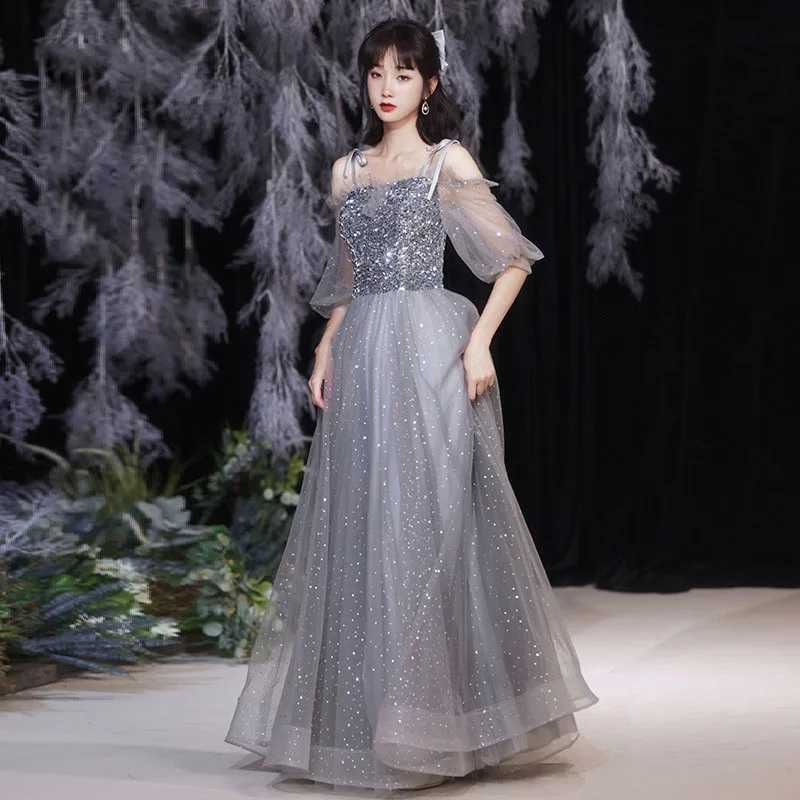 Grey Bridesmaid Evening Dress Women Off Shoulder Sequins Wedding Party Vestidos Fairy Temperament Sisters Group Gown Summer