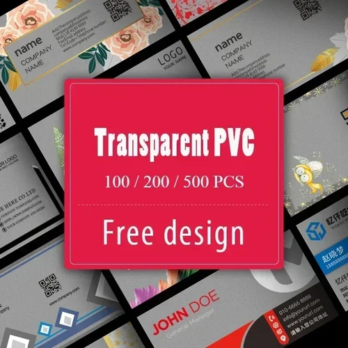 Imagen 2 del producto 100/200/500 Uds. Tarjeta de visita de PVC transparente impresión colorida logotipo personalizado texto tarjeta de agradecimiento diseño gratis 0,38mm