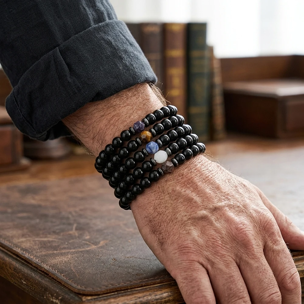 Economic 5Pcs/Set Black Stone Men Bracelet Handmade High Quality Beaded Strand Braslet Business Charm Homme Jewelry Accessories