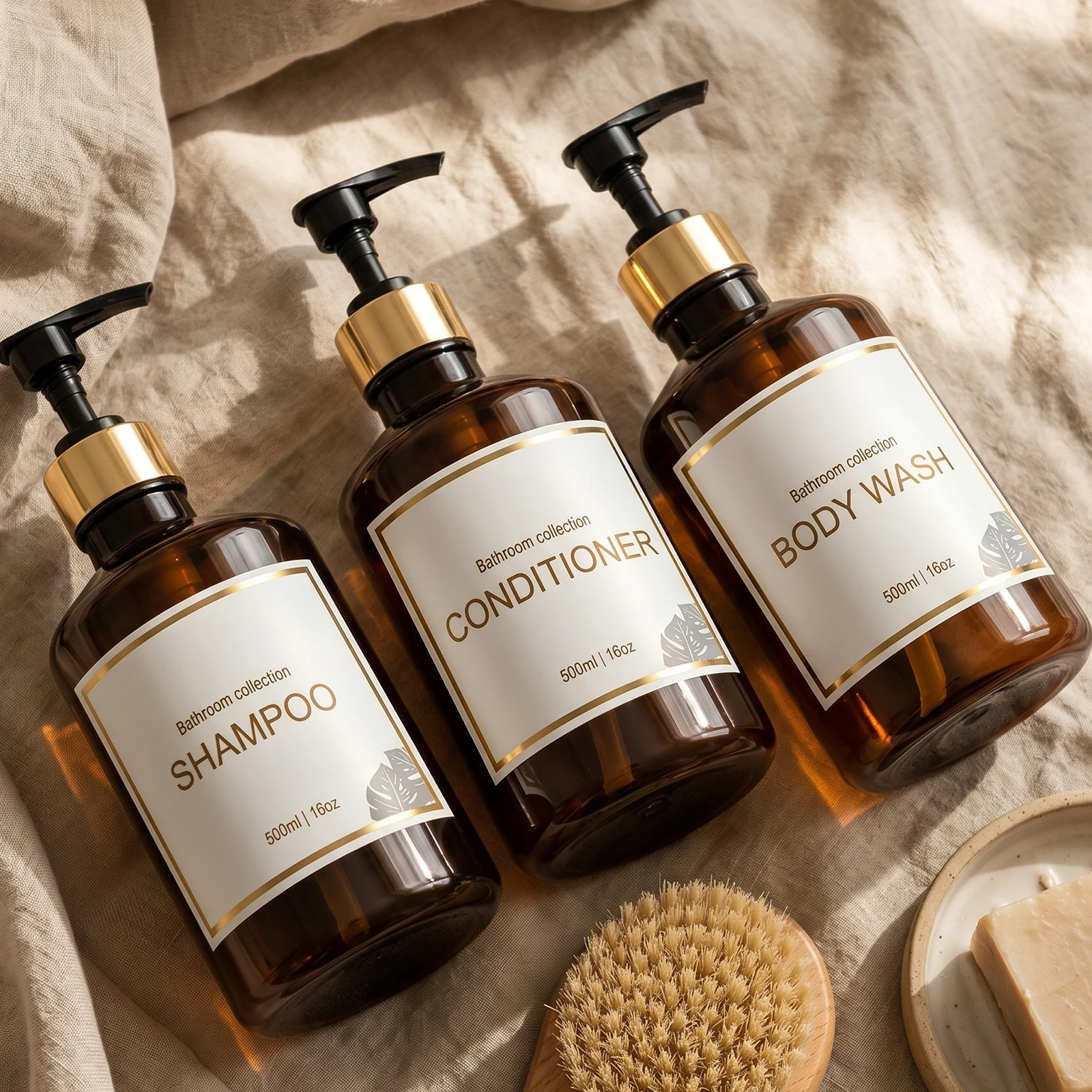 Shampoo and Conditioner Dispenser for Shower and Guest Bathroom Amber Plastic Refillable Pump Bottles for Shampoo Shower Gel view 6