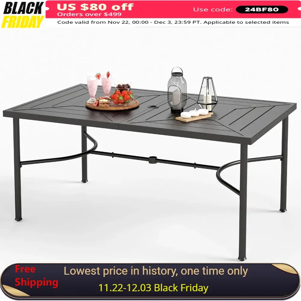 

64" Outdoor Table with 1.77" Umbrella Hole for Garden Porch, E-Coating Weather-Resistant, Rectangular Metal Patio Table