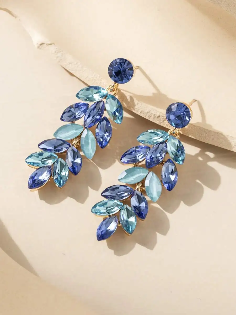 Blue Rhinestone Leaf Drop Earrings For Women
