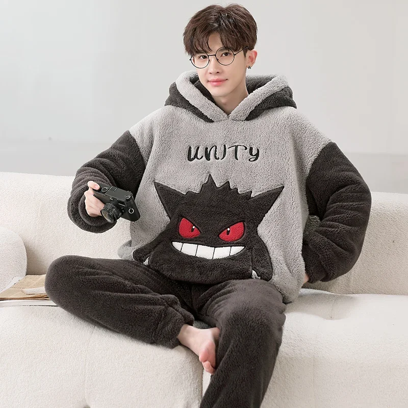 Winter Korean Pijama Sets for Men 2PCS Adult Loose Cartoon Anime Sleepwear Hooded Pyjama Male Loungewear Thicken Soft Pijamas