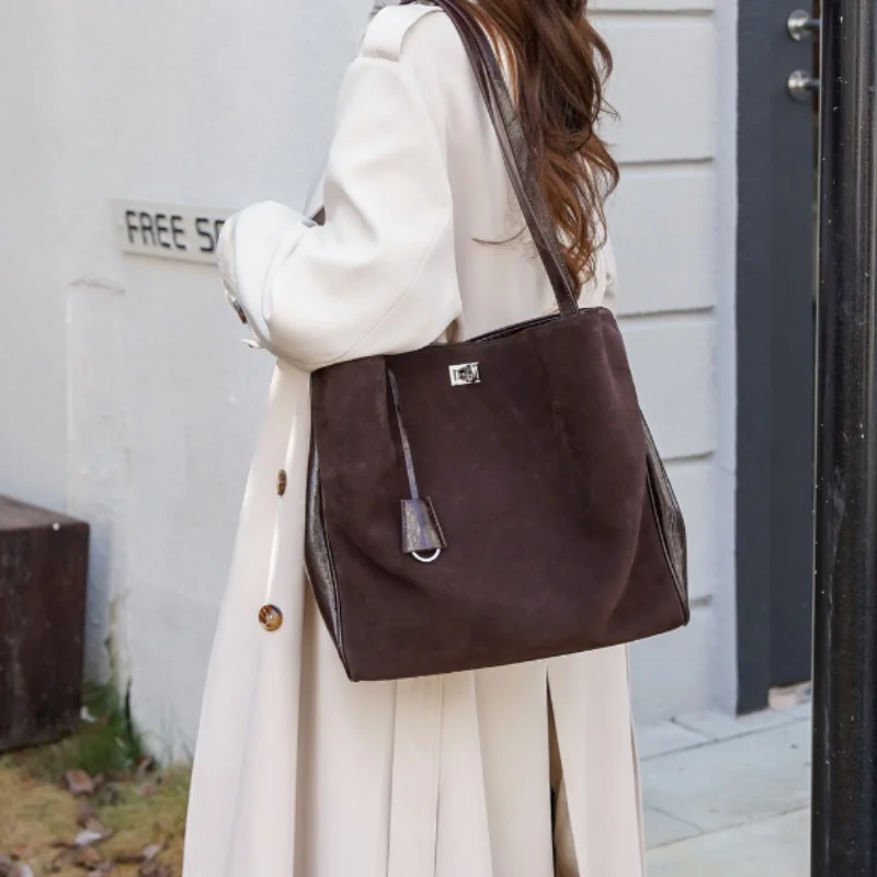 

New Genuine Leather Shoulder Bag Women High-end Frosted Handbag With Belt Buckle Simple Large Capacity Patchwork Casual Handbag