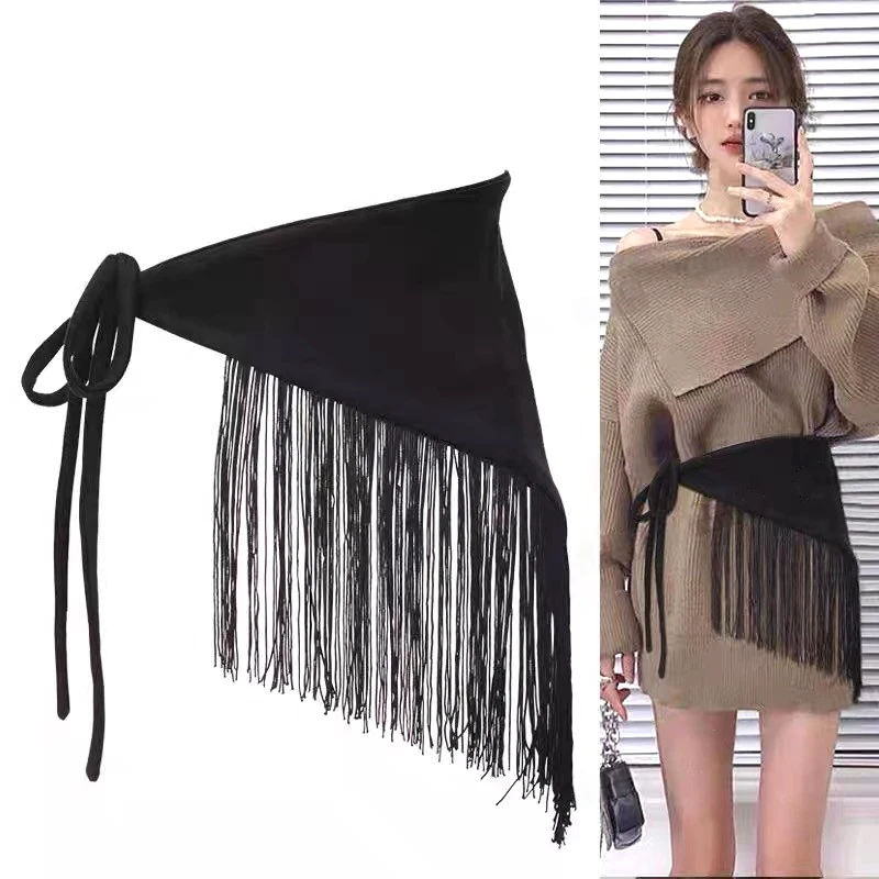 Black Solid Fabric Tassel Belt For Women Irregular Long Wide Belt Personality Corset Belts