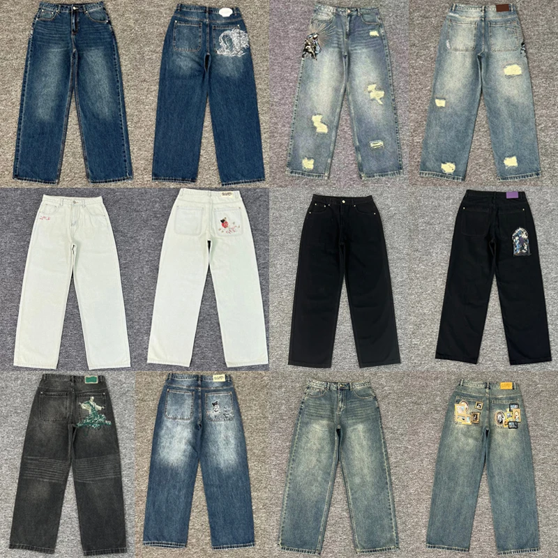 

Несколько стилей Derschutze JEANS Модные вышивки Уличный поп Ретро Свободные прямые брюки Мужчины Женщины Джинсовые брюки