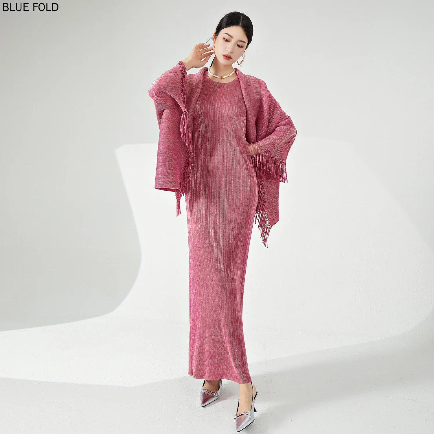 MIYAKE PLEATS Women's Fashion Two-piece Set High-end Tassel Shawl Coat Long Dress Cocktail Elegant Dress Sets Clothes for Women