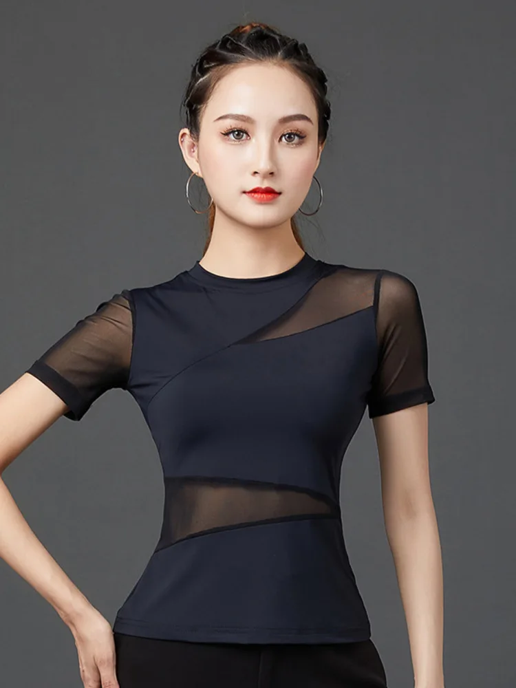 Ladies Dance Shirt Mesh Patchwork Slim Fit Clubwear Latin Cha Cha Performance Top Breathable Lightweight Stretch Material