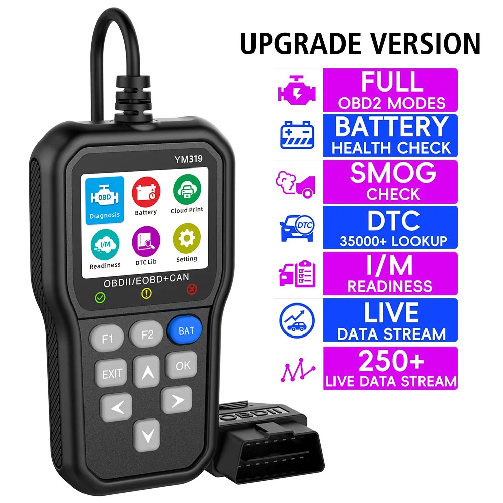 Code Reader YM319 Multi-language Check Engine System OBD2 Scanner Clear/Erase Codes Car Diagnostic Tool Battery Tester