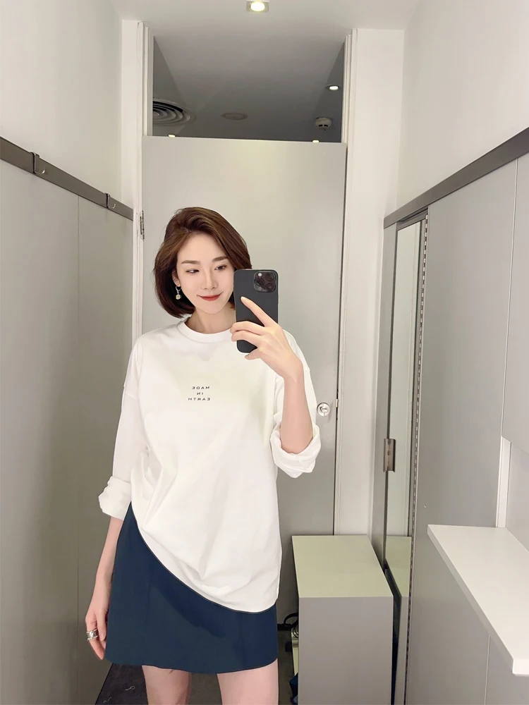 

Свободная женская футболка с длинным рукавом и круглым вырезом, белая, с надписью, базовая повседневная модель, весенний сезон, хлопковый материал