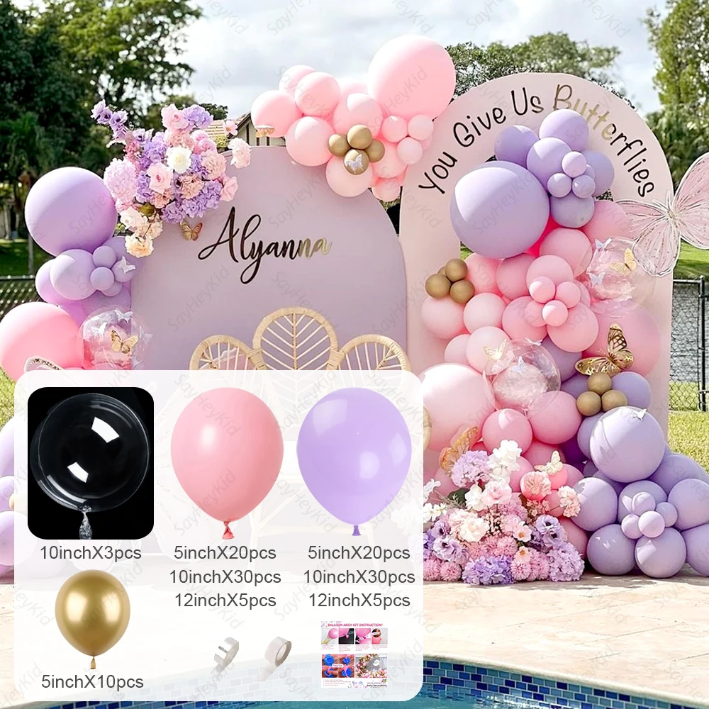 Pastel Pink Purple Balloon Garland Kit Gold Butterfly Cutouts Props DIY Birthday Baby Shower Wedding Party Decor Backdrop