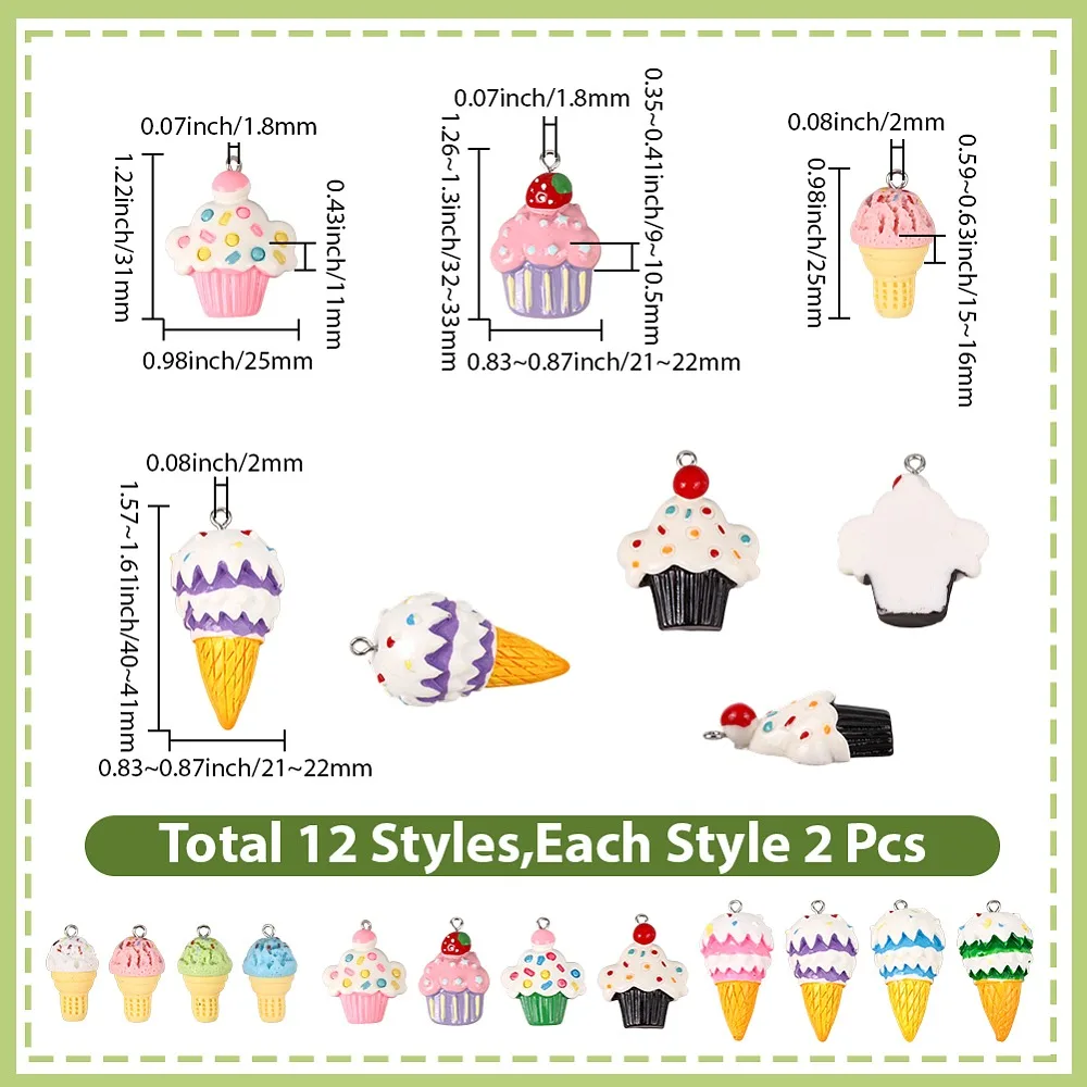 

24Pcs 12 Styles Opaque Resin Imitation Food Pendants Ice Cream Charm with Platinum Tone Iron Loops Mixed Color