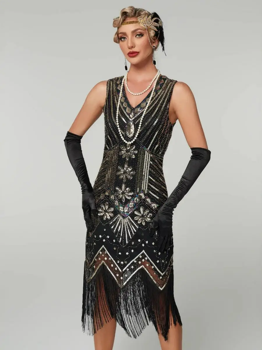 レトロなスパンコールとビーズをあしらった、ファッショナブルなフリンジ付きイブニングガウン、ローウエスト、スカート付き、パフォーマンス用