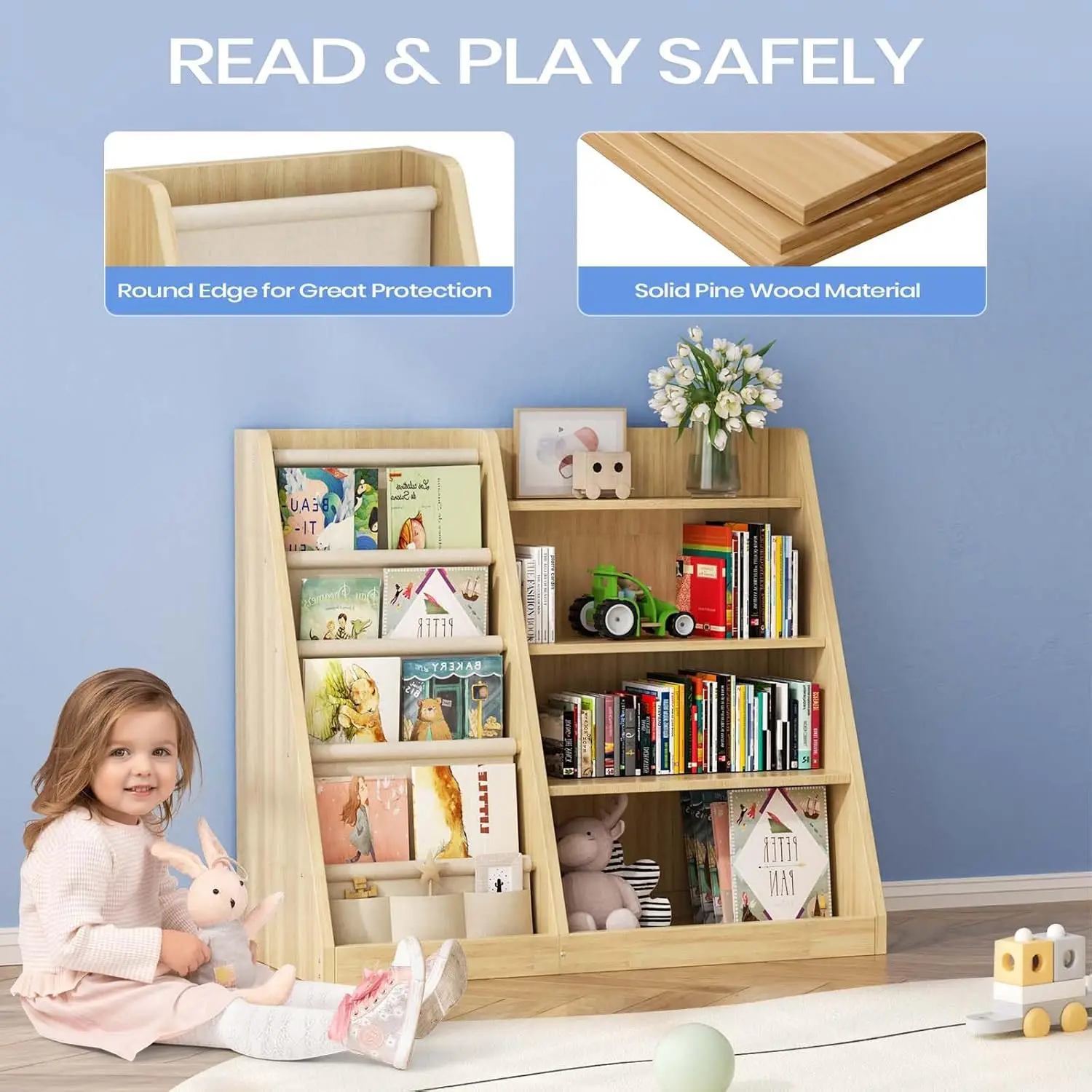 Scaffale per bambini in legno a 4 livelli con portaoggetti per giocattoli, scaffale per libri a tracolla per la cameretta dei giochi