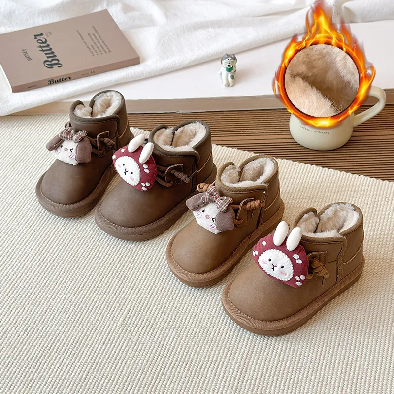 

Children Short Boots with Warm Thick Fur Kids Ankle Boots Round Toes 2025 Winter New Cute Girls Snow Boots Soft Bottom Non-slip