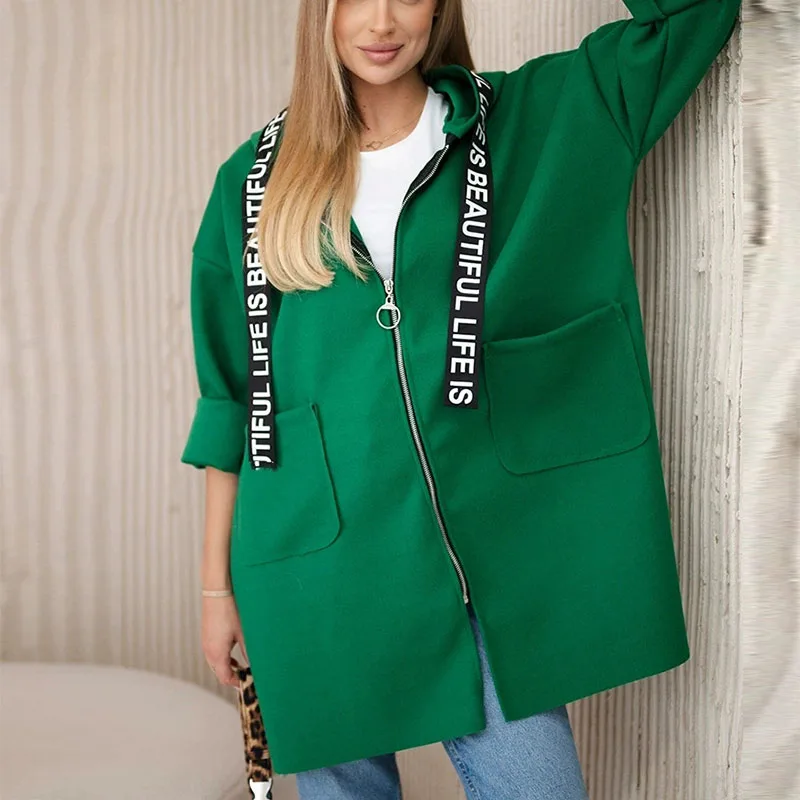 カジュアル長袖冬フード付きジャケット秋エレガントなレタースプライシングルーズアウターコート女性ファッションジップウールポケットソリッドコート