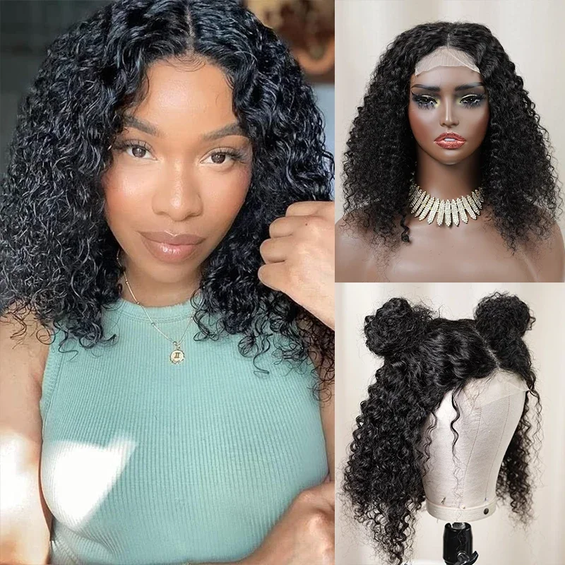 

14inch 100% Human Hair 1B# Jerry Curl Bob Wigs 4x4inch Lace Front Women Pre Plucked Hairline Wigs Baby Hair 150% Density Wig