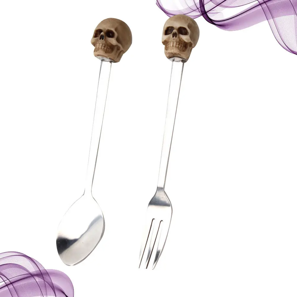 2Pcs Stainless Steel Fork Spoon Set Skull Design Rust Resistant Portable Tableware for Travel Dining Flatware Cutlery view 4