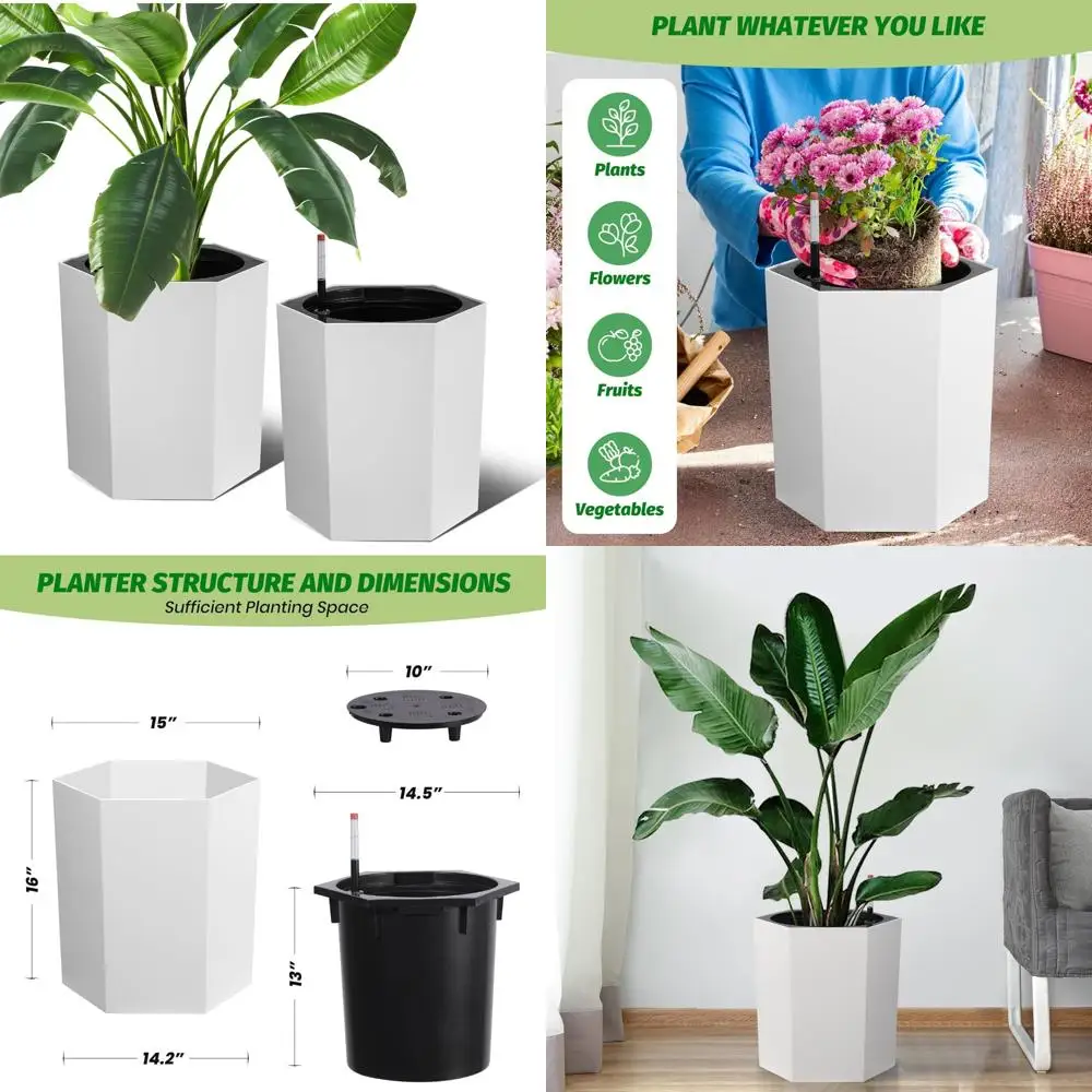 

Набор из 2 уличных горшков для самополивания, высокие горшки 16 дюймов с индикатором уровня воды, дренажем и колесами для комнатных растений
