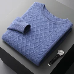 Men's autumn and winter new 100% merino wool O-neck pullover youth thickened jacquard bottoming shirt loose knit warm top