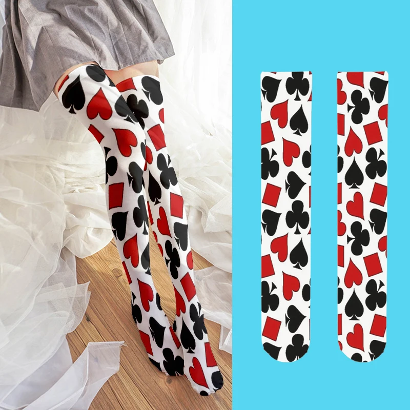 Playing Card Printed Thigh Stockings Ladies Fashion Sexy Red Heart Sweet Stockings Halloween Cosplay Calf Socks High Quality