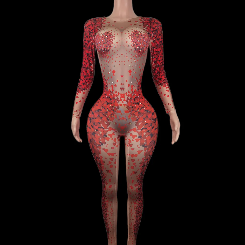 Designer Long Sleeves Love Print Rhinestone Jumpsuits Women Gogo Dancer Costumes Club Bodycon Rompers Drag Queen Show Jumpsuits