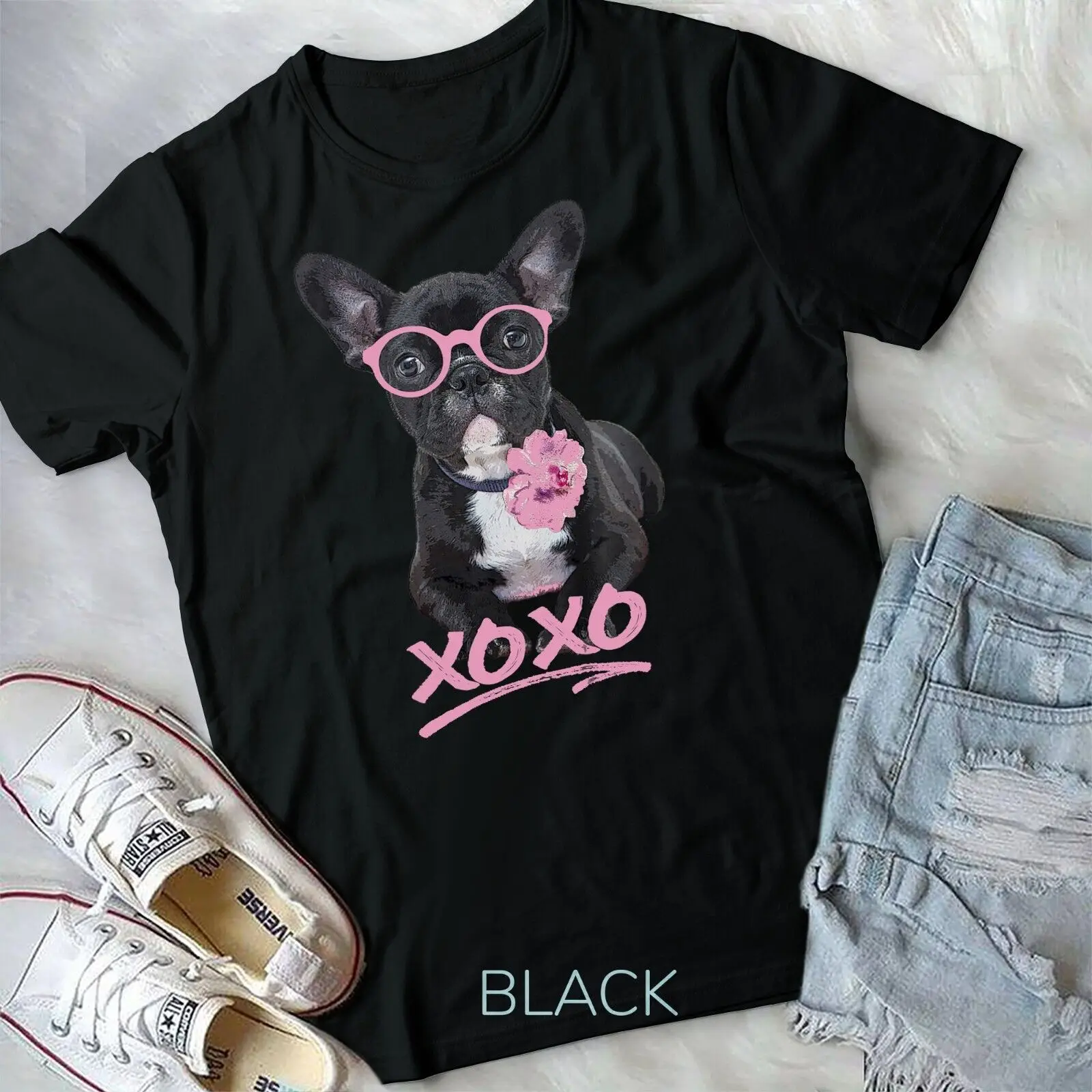 Kids French Bulldog T-Shirt for Toddlers & Kids, Peony Glasses Unisex T-shirt