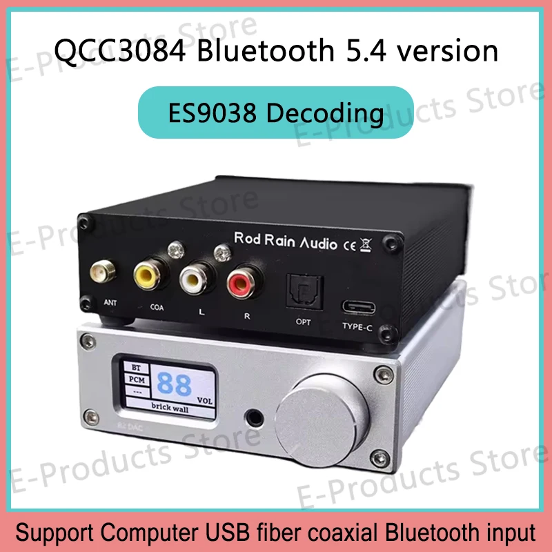 Rod Rain QCC3084 Bluetooth 5.4 Dual ES9038Q2M HD DAC DSD Decoder HI-FI Bluetooth Receiver APTX-HD LDAC USB Fiber Coaxial Input