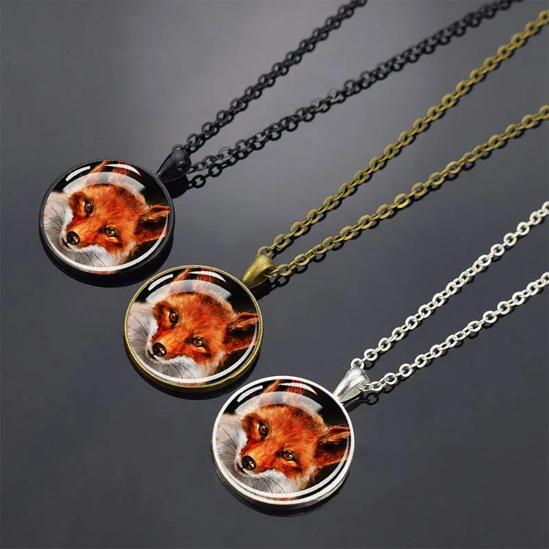 Red Fox and White Fox Necklace, Dome Glass Inlaid Pendant, Zinc Alloy Fashion Animal Jewelry Gift