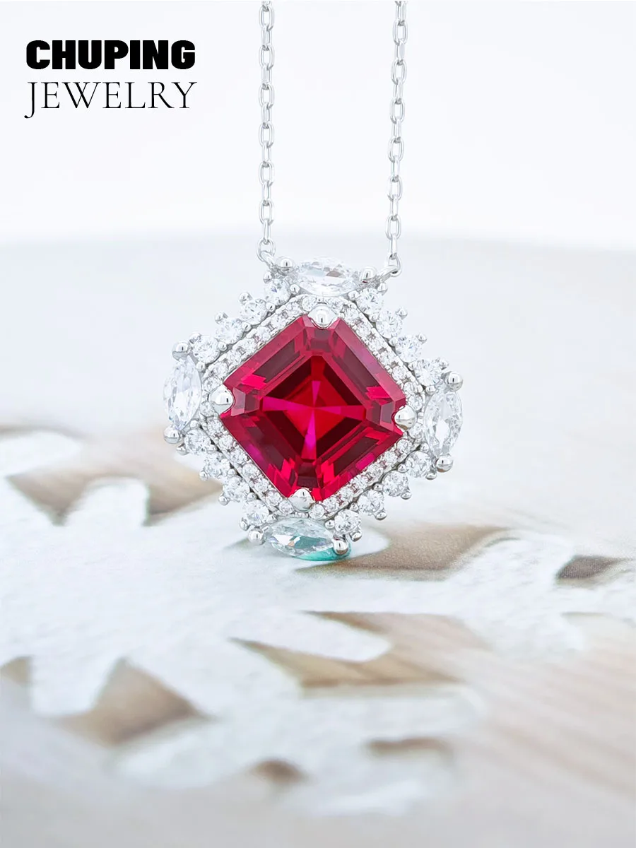 

ChuPing Fine Jewelry Lab Ruby Square Assher Cut 10mm S925 Necklace For Women Anniversary's Gift Classic Party Or Birthday Gift
