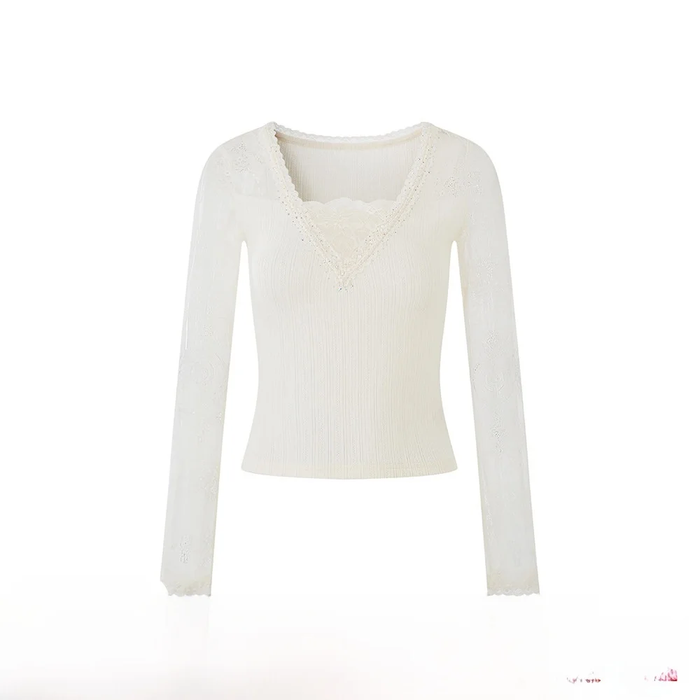 

Sy Lace Splice Long Sve Knitted Base Layer Top Women's Thermal Diamond Stitched Sweater Slim Fit ort Length Color