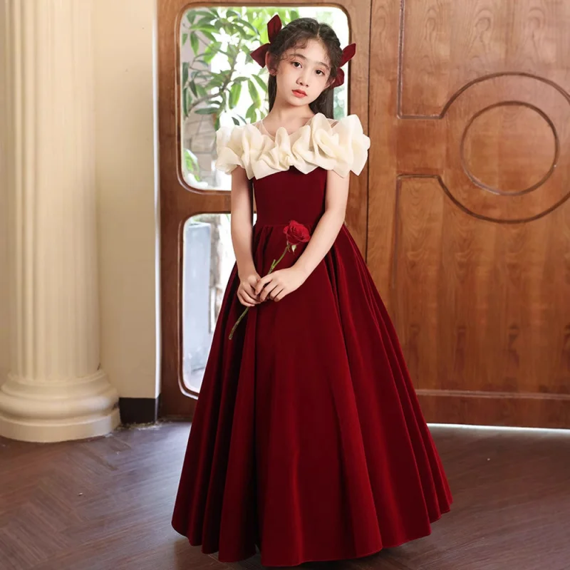 

Girl's Dress Red Long Dress Flower Girl's Wedding Little Girl Princess Dress Children's High-End Piano Performance Spring