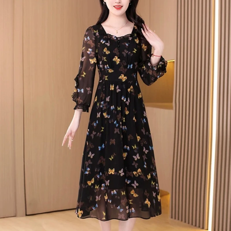 

Summer New V-neck Fashion Three Quarter Midi Dress Women High Street Casual Printing Dresses Elegant All-match Pleated Vestidos