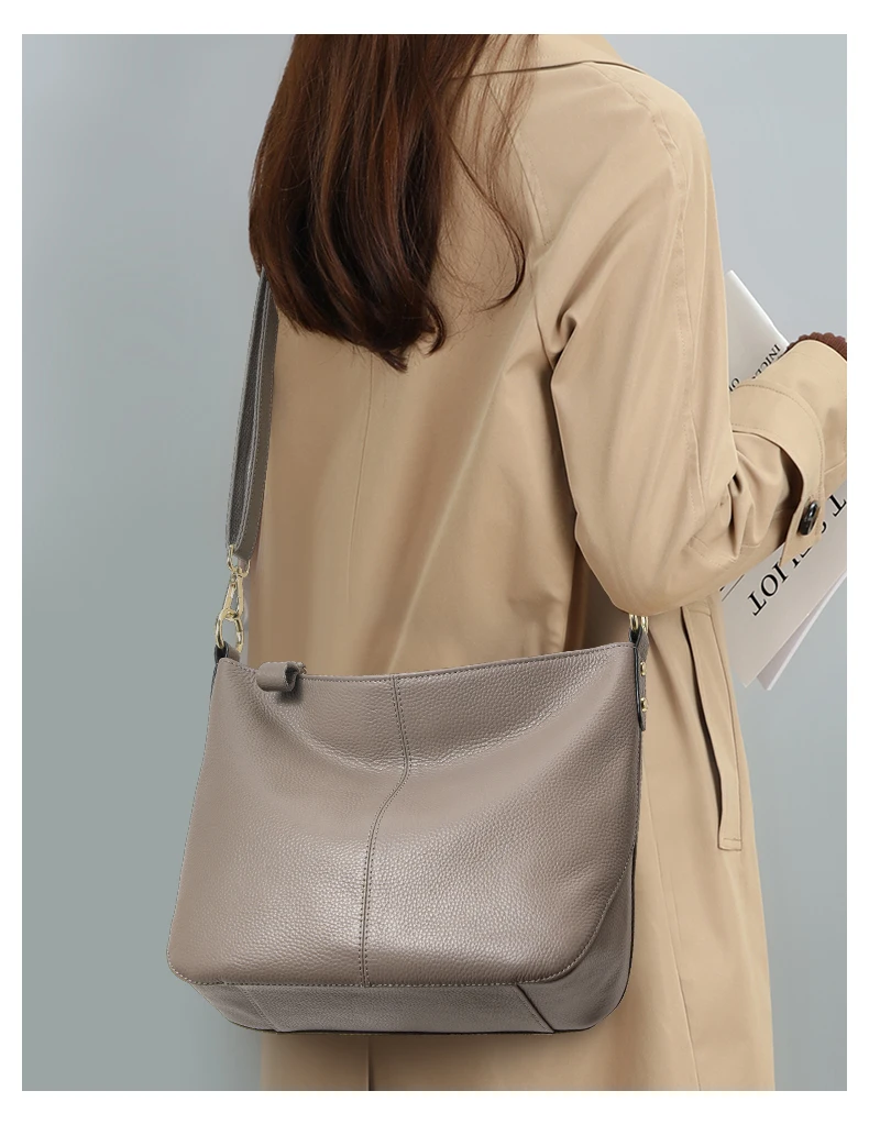Echte Leder-Schultertasche für Damen, Aufbewahrungshandtasche, Schlichte und Leichte Graue Einkaufstasche – Detail 3