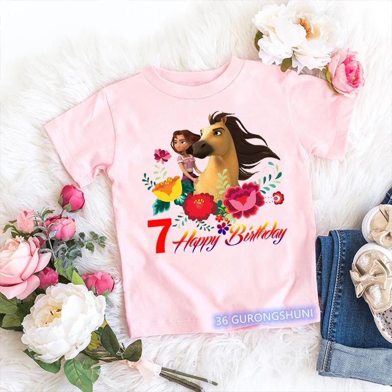 

2022 New Cute 2-10 Year Happy Brithday T Shirt Horse Spirit Mustang T-Shirt Anime Clothes Baby Boys Girls T-Shirts Pink Tees Top