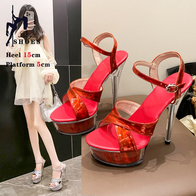 Red Laser Women Sandals 15cm Extra High Heels Slim Heels Platform Sky High Shining Sandals High-heeled Strip Pole Dance Shoes