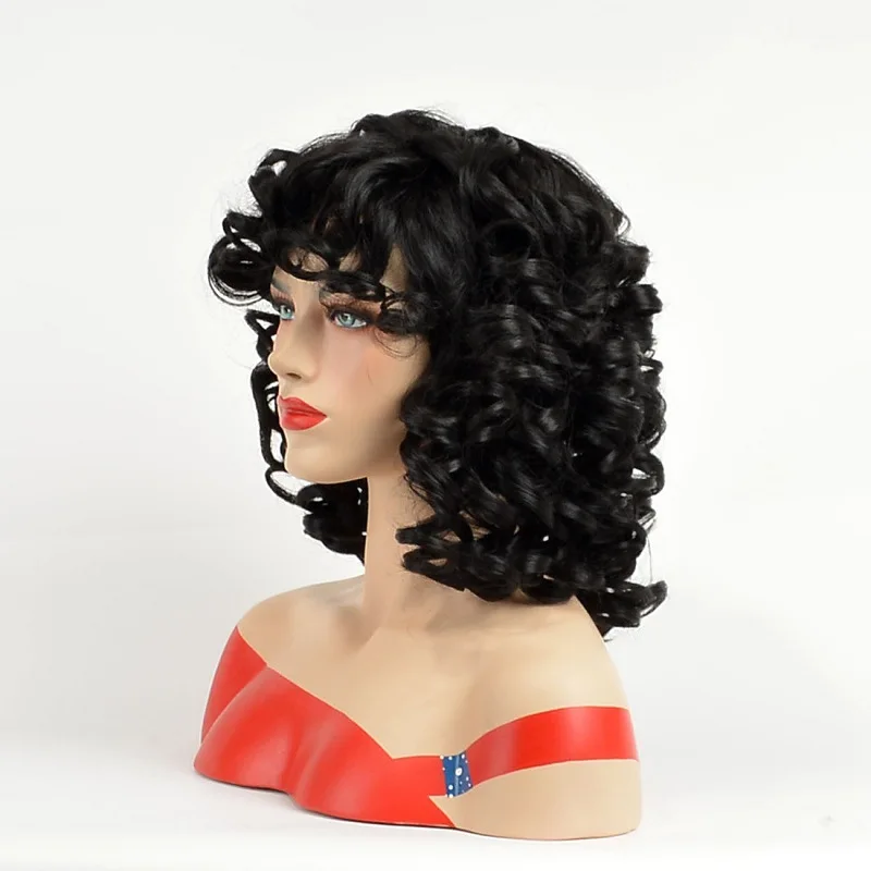 Peruca preta curta encaracolada de 12 polegadas, resistente ao calor e respirável, estilo retrô para passeios diários e temáticos