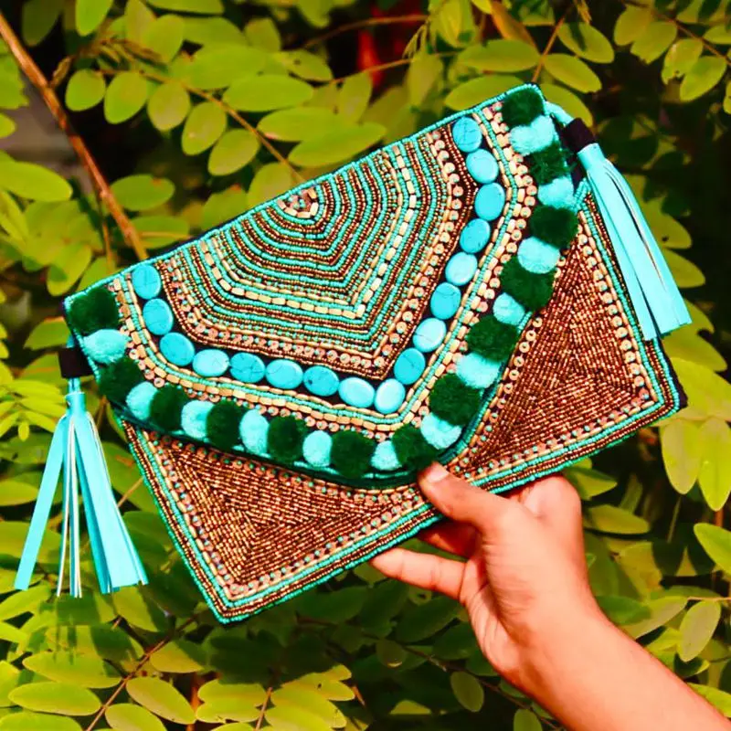 DOYUTIG Women's Green Beads Design Handmade Bags With Tassels Lady Bohemian Seaside Vacation Crossbody Bag Linen Cluthes I013