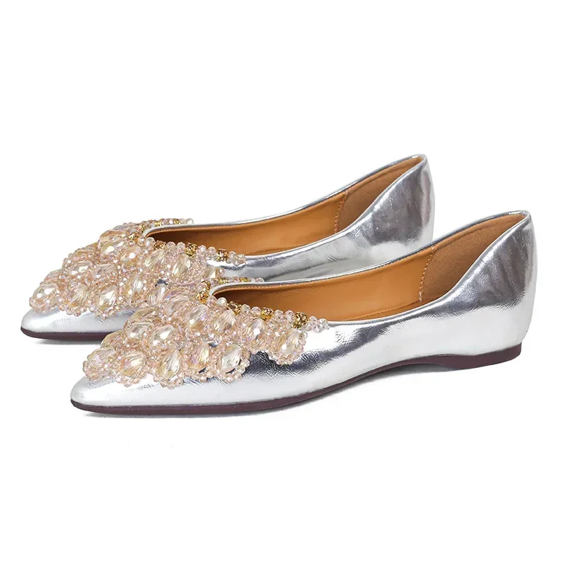 Sapato feminino com sola plana, strass de cristal, boca rasa prateada e dourada, sapato único, estilo fada, novo, primavera e outono, 43