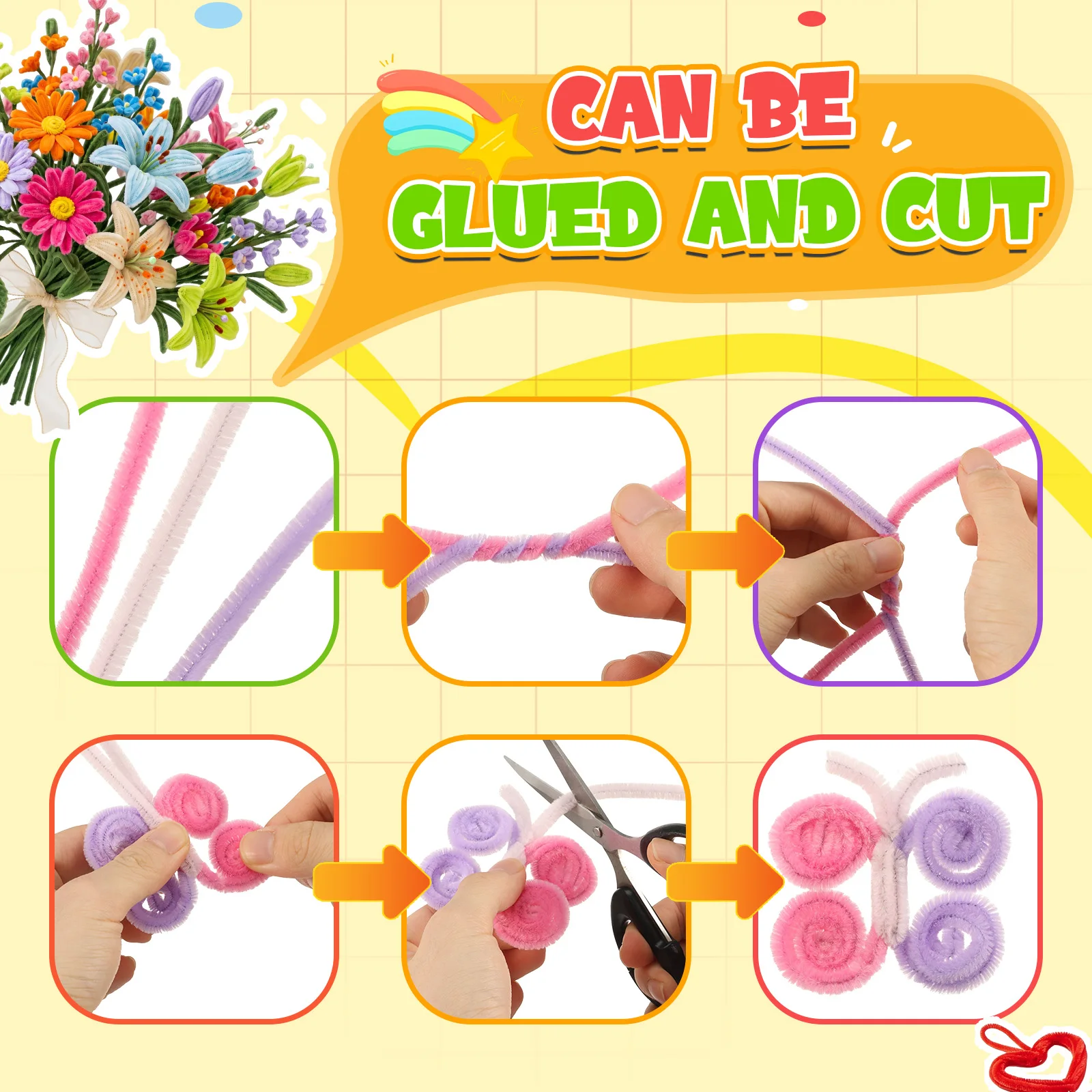 Colorful Pipe Cleaners Plush Stem Wired Twist Sticks Pipe Cleaner Flower Making Kit with Hot Glue Stick Flower Handmade Craft view 4