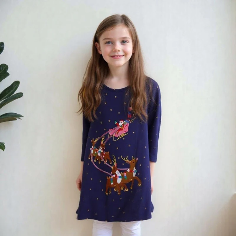 

Little maven New Year Party Dress Halloween Kids Dress Baby Girls Long Sleeves Christmas Deer Cotton Santa Claus Casual Clothes