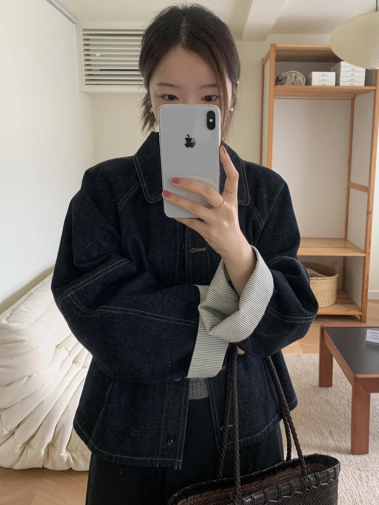 Women Spring Autumn Cropped Denim Jacket Casual Versatile Fashion Short Coat Petite Size Stretchy Slimming Tops Outerwear