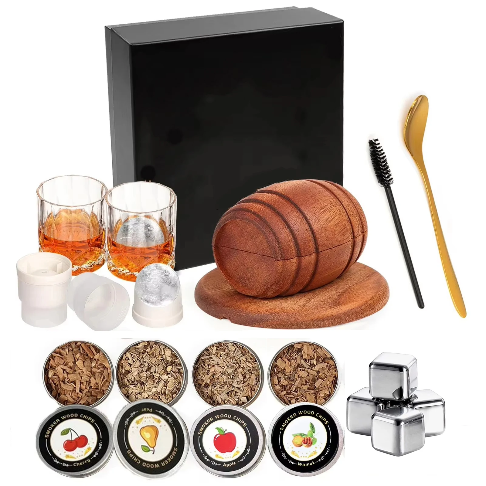 Kit ahumador de whisky con astillas de madera, infusor ahumador de bebidas antiguo de 4 sabores para cócteles de barman, regalos de cumpleaños Bourbon