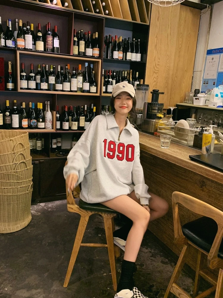 ZOUXO Sweatshirt Women 2022 Spring Autumn American Style Retro Sweatshirt New Polo Collar Half Zip Loose Casual Top